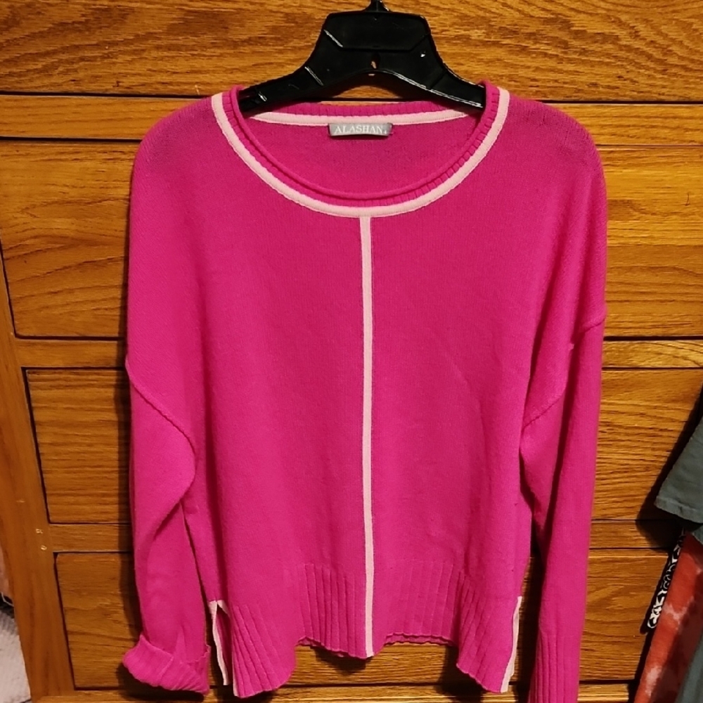 Alashan Womens Pink 100% Cashmere Crew Neck Sweater Size Large Barbie Stripe Dro